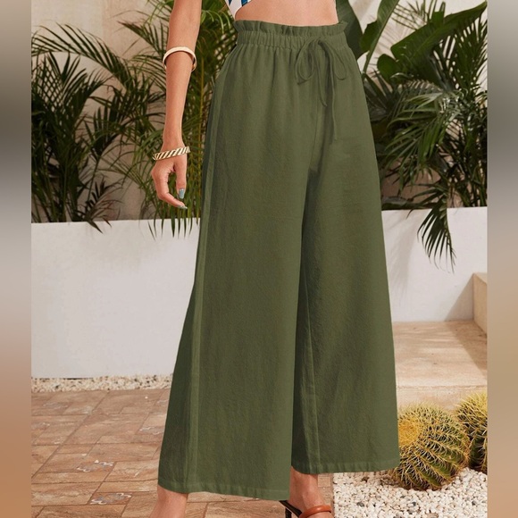 Pants - High waisted Frilled Waist Solid Wide Leg Pants green